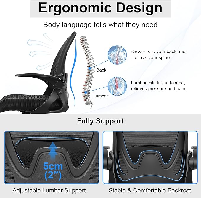 Drafting Chair Tall Office Chair with Flip-up Armrests, Adjustable Height, and Enhanced Lumbar Support - Ergonomic Rolling Stool, Back Support, and Adjustable Foot Rest Ring for Standing Desk Black-DeskLoop Office