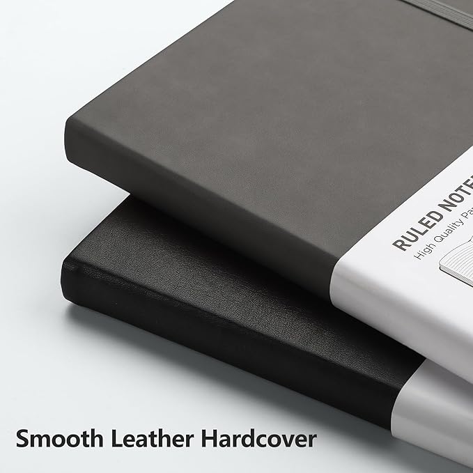 RETTACY Lined Journal Notebook, 192 Numbered Pages, A5 Medium Size (5.7'' x 8.3''), for Men & Women, Journaling, Writing, Work & Office, Leather Hardcover, 100 GSM Thick Paper (Gray)-DeskLoop Office