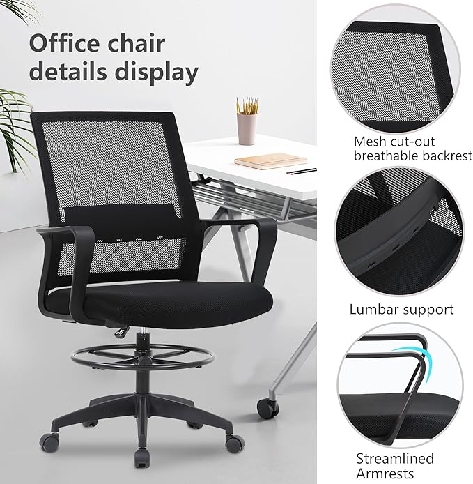 PayLessHere Drafting Chair Computer Standing Desk Chair Tall Office Chair with Lumbar Support Adjustable Foot Ring for Mesh Ergonomic Mid-Back Desk Chair (Black)-DeskLoop Office
