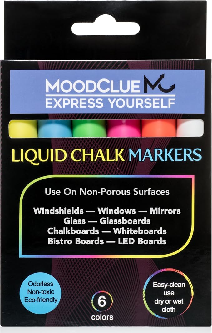 MoodClue Liquid chalk markers washable, dry or wet erase. 6 neon markers by MoodClue