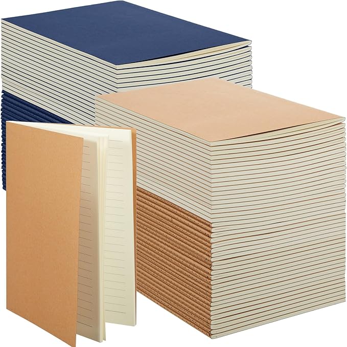 Mimorou 100 Pcs Kraft Notebook Journals 5.5 Inch x 8.3 Inch A5 Softcover Notebooks Bulk for Writing Sketch Office Notepad with 60 Pages 30 Sheets(Brown, Navy,Lined)-DeskLoop Office