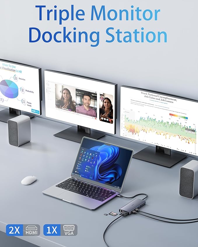 Laptop Docking Station Dual Monitor,14 in 1 USB C Docking Station fo dell hp USB C Hub Multiport Adapter with 2HDMI 4K+VGA+Ethernet+5USB+1USB C+100W PD+SD/TF+Audio,USBC Dock Dongle for Windows Laptop-DeskLoop Office