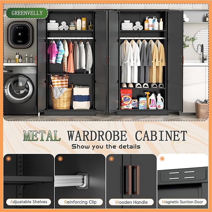 Greenvelly Metal Wardrobe Cabinet with Wooden Handle, 72" Black Metal Wardrobe Closet with Hanging Rods and Adjustable Shelves, Clothing Storage Closet Cabinet for Home, Office, Employee, Gym-DeskLoop Office