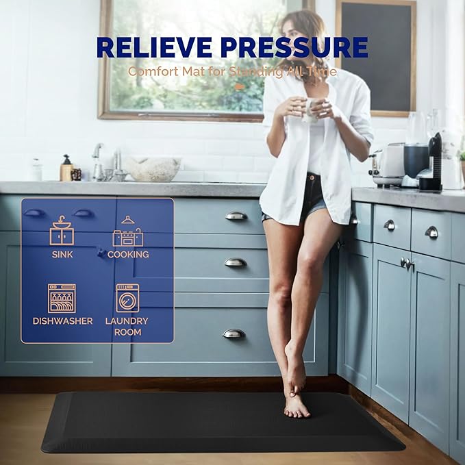 FEATOL Anti Fatigue Mat for Kitchen Floor, 9/10 Inch Thick Anti Fatigue Cushioned Floor Mat, Comfort Memory Foam Standing Padded for Sink, Kitchen, Home (Black, 24x70x9/10-Inch)-DeskLoop Office