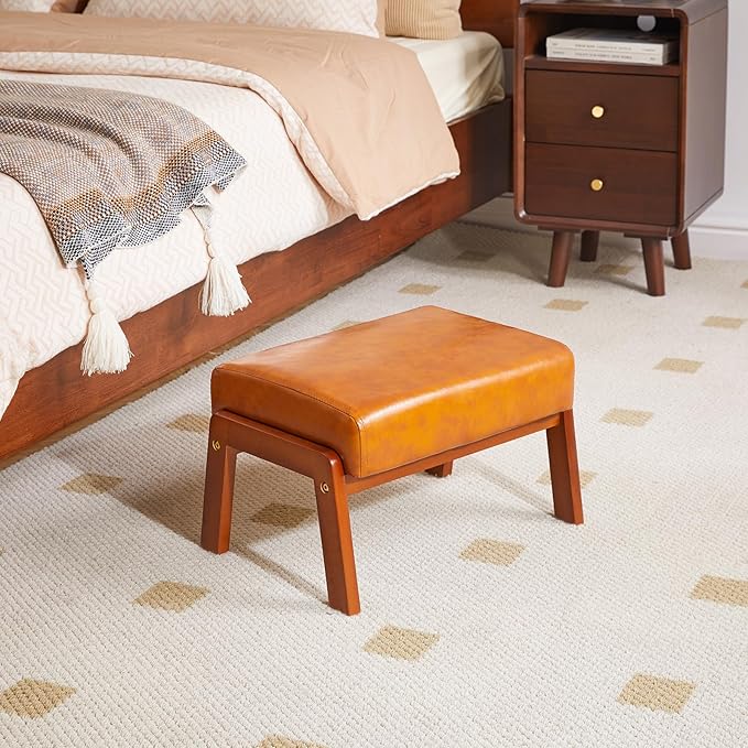 IBUYKE 10.2” H Small Foot Stool Ottoman, Rectangle PU Faux Leather Foot Rest with Padded Seat and Wood Legs, Modern Ottoman Foot Rest for Living Room Bedroom Couch Office, Yellowish-Brown WBD013J-DeskLoop Office