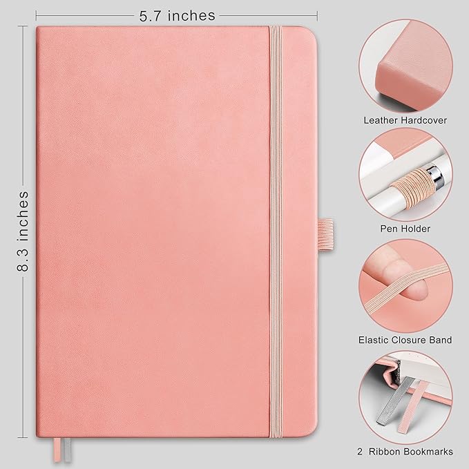 RETTACY Bullet Dotted Journal Notebook, 256 Pages, A5 Medium Size (5.7'' × 8.3''), Leather Hardcover, 120 GSM Thick Paper, for Bullet Journaling, Planning, Tracking (Pink)-DeskLoop Office