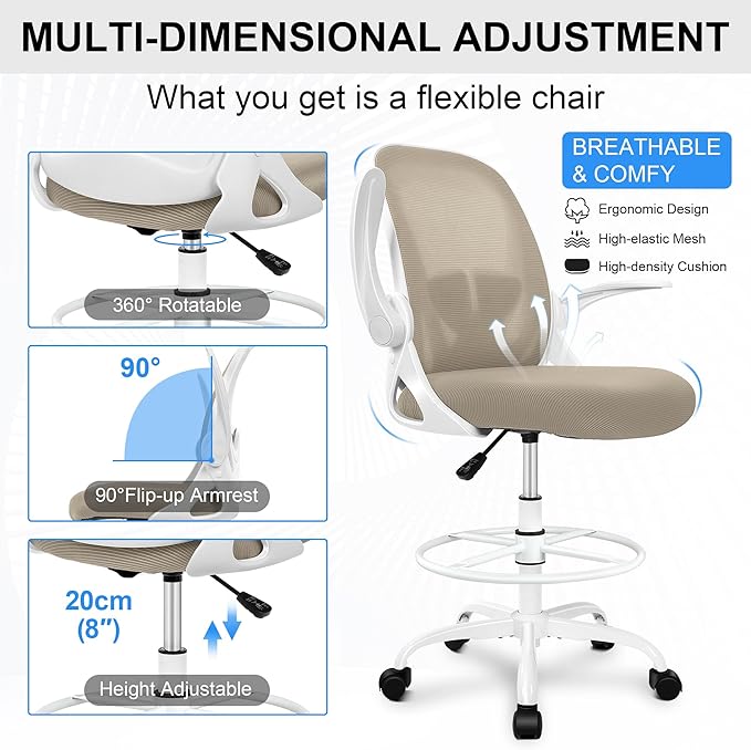 Primy Drafting Chair Tall Office Chair with Flip-up Armrests Executive Ergonomic Computer Standing Desk Chair with Lumbar Support and Adjustable Footrest Ring（Khaki）-DeskLoop Office