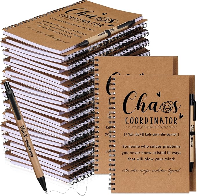 Nezyo 10 Sets Chaos Coordinator Gifts Employee Appreciation Week Notebook with Ballpoint Pen Spiral Notebook Teacher Appreciation Gifts Bulk for Women Men Journals Thank You Cowerker (Brown)-DeskLoop Office