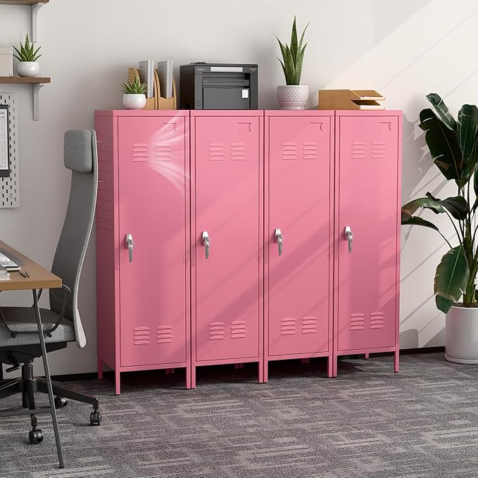 Aobabo Metal 54" H Metal Storage Locker for Employees, Lockable 1 Door with Towel Rack and 2 Side Pegboards with Hooks for School Office Gym Home, Assembly Required (Pink)-DeskLoop Office