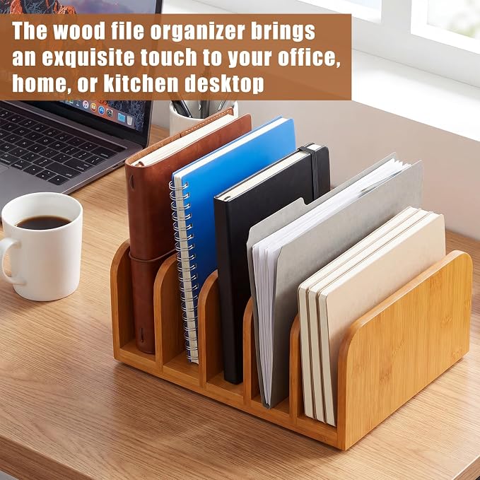 Lineshading Bamboo Letter Organizer, 5 Compartments Desk Mail Organizer - Image 2