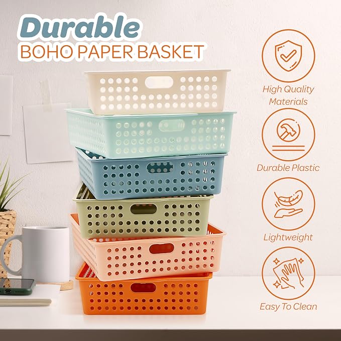 4E's Novelty 6 Pack Classroom Paper Baskets, Organizing Desk Boho Tray - Image 7