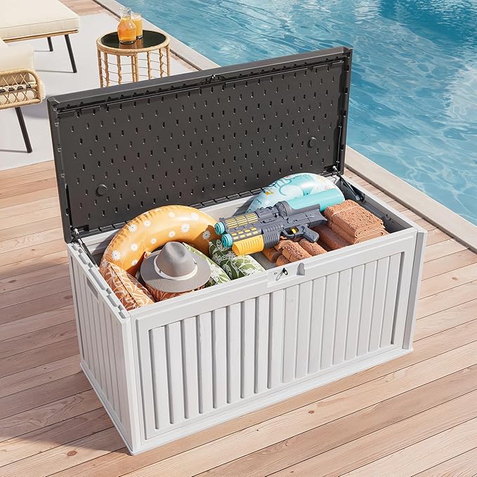Gizoon 100 Gallon Deck Box, Resin Outdoor Storage Box with Lockable Lid, Waterproof and UV Resistant, Perfect for Storing Patio Mats, Garden Tools, Home and Outdoor Organization-DeskLoop Office