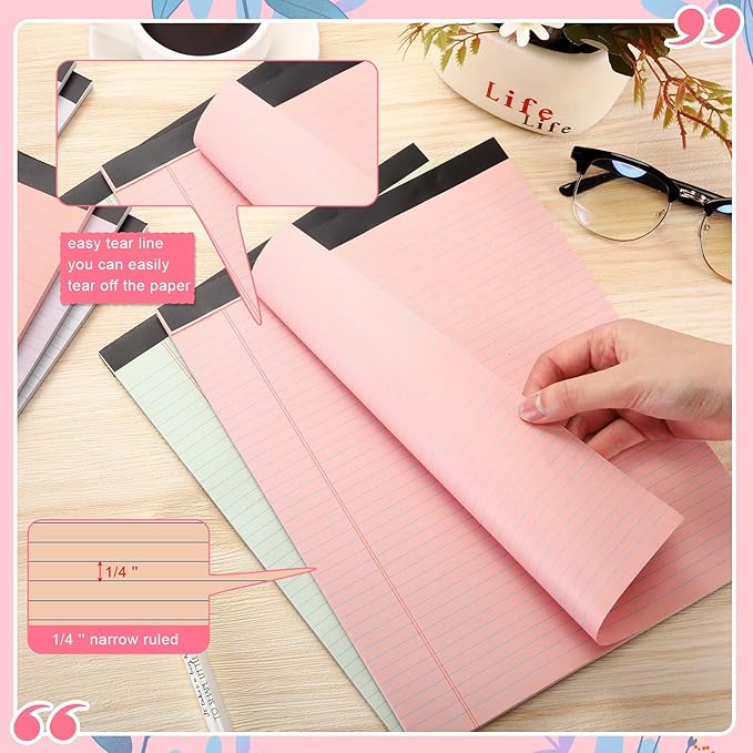 Fuutreo 8 Pcs 8.5'' x 11'' Colored Legal Pad Writing Pads Narrow Ruled 50 Sheets Per Notepad Perforated Writing Notepad Office Supplies for College Office Business (Sweet Color)-DeskLoop Office