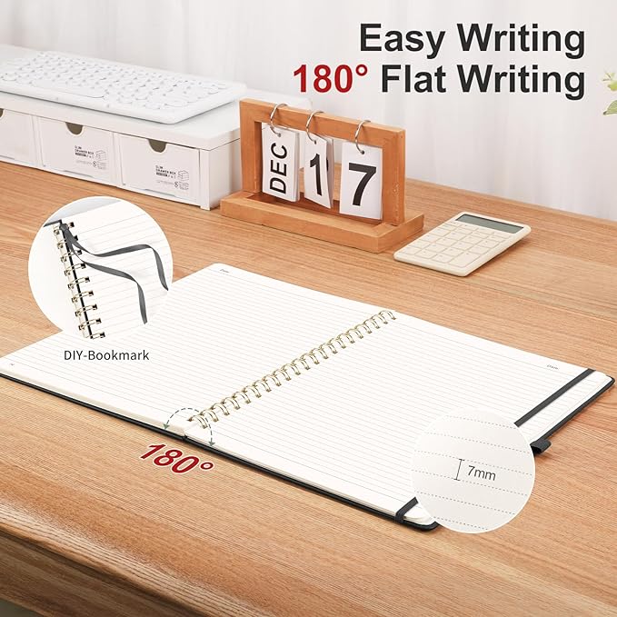 AHGXG Lined Spiral Journal Notebook, B5 Large Notebooks for Women Men, 140 Pages Hardcover Leather Notebook College Ruled, 100 GSM Paper, Notebooks for Work School Note Taking, 7.6" x 10", Black-DeskLoop Office