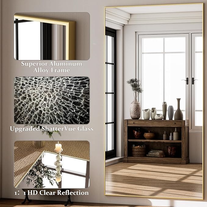 GLSLAND 71"x31" Full Length Mirror Extra Large Hanging or Leaning Rectangle Mirror Aluminum Alloy Thin Frame Bedroom Floor Dressing,Gold-DeskLoop Office