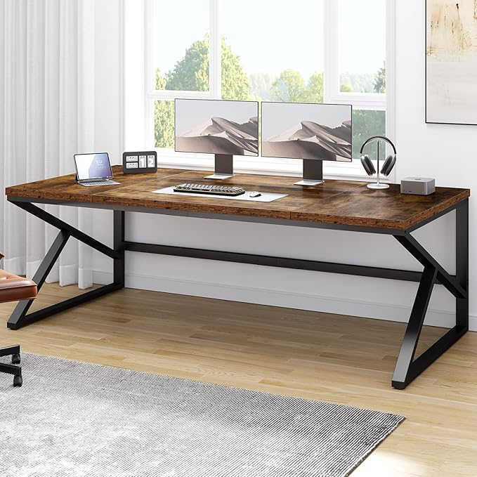 HSH Large Rustic Brown Computer Desk, 70 Inch Home Office Metal Wood Desk for 2 Person, Farmhouse Extra Long Writing Study Gaming Table, Bedroom Living Room PC Laptop Dual Monitor Desk-DeskLoop Office