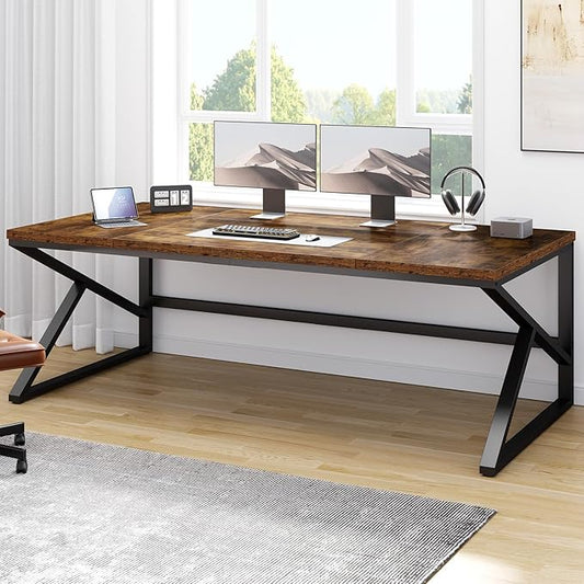HSH Large Rustic Brown Computer Desk, 70 Inch Home Office Metal Wood Desk for 2 Person, Farmhouse Extra Long Writing Study Gaming Table, Bedroom Living Room PC Laptop Dual Monitor Desk-DeskLoop Office