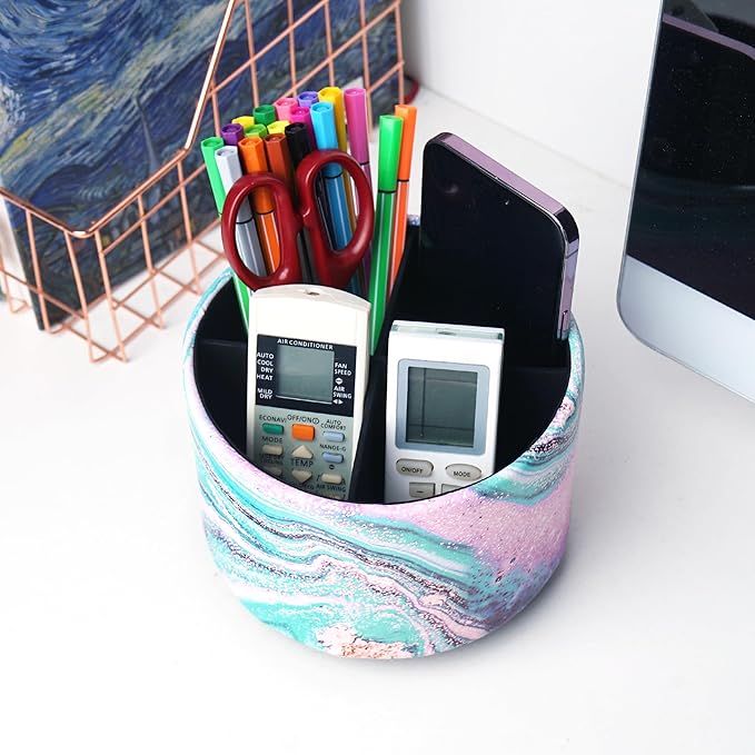 Round Leather Art Supply Organizer,Remote Control Holder,360-degree Rotating Pen Organizer with 4 Compartments(1-Pink Green Splash Ink)-DeskLoop Office