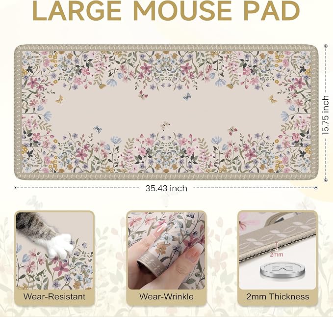 iCasso Floral Desk Mat for Keyboard and Mouse, Cute Gaming Mouse Pad XXL - Image 2