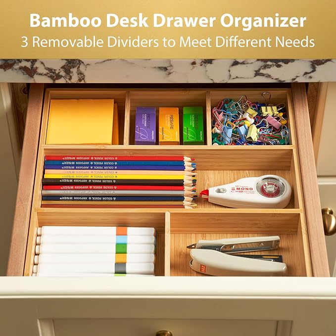Umilife Bamboo Desk Drawer Organizer, Wood Office Junk Tray - Image 3