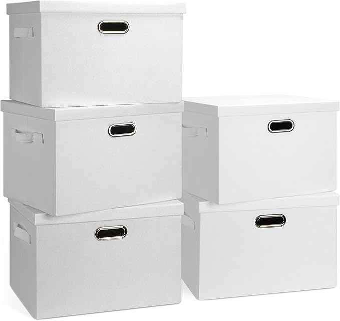 Large 17" 36 Quart Collapsible Stackable Storage Bins with Lids, 5 Packs White Linen Fabric Closet Boxes with Lids, Storage Cube Baskets Container Organizers for Bedroom Office(17 x12 x11)-DeskLoop Office