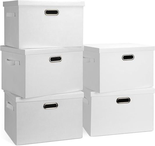 Large 17" 36 Quart Collapsible Stackable Storage Bins with Lids, 5 Packs White Linen Fabric Closet Boxes with Lids, Storage Cube Baskets Container Organizers for Bedroom Office(17 x12 x11)-DeskLoop Office