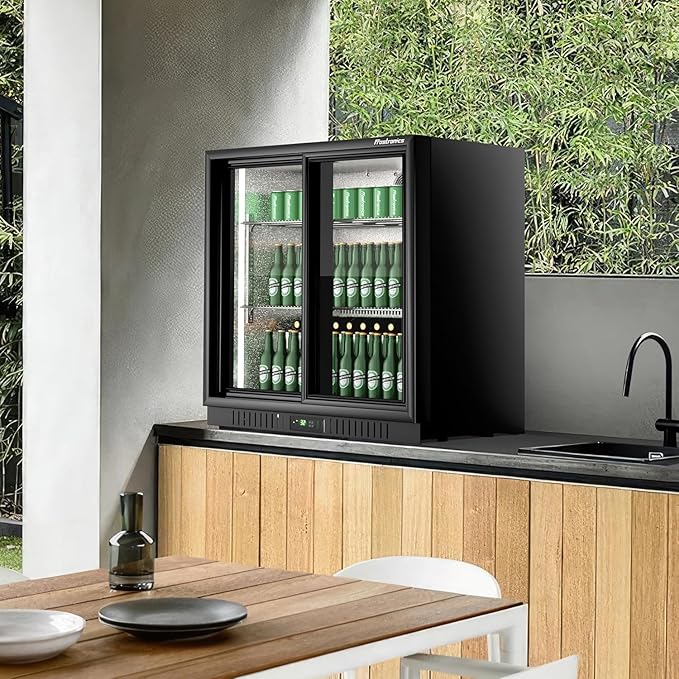 36 Inch 228 Cans Double Door Back Bar Beverage Cooler, 6.5 cu. ft. Under Counter Glass Bar Fridge With Sliding Door, Lockable, 32-50F Display Refrigerator, ETL & NSF7 Certified-DeskLoop Office