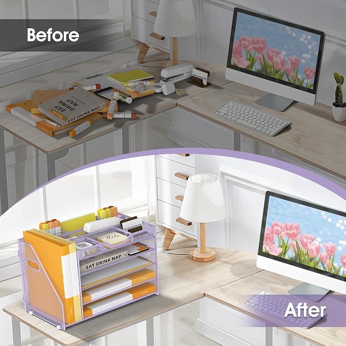 5 Tier Paper Letter Tray with File Holder and 3 Drop-in Pen Holders, Mesh Desk - Image 5