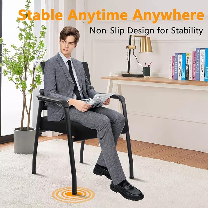 Desk Chair No Wheels with Adjustable Mesh Backrest, Arm Chair with Ergonomic Lumbar Support and Thickened Seats Cushion, Waiting Room Chairs for Office School Church Guest Reception-DeskLoop Office