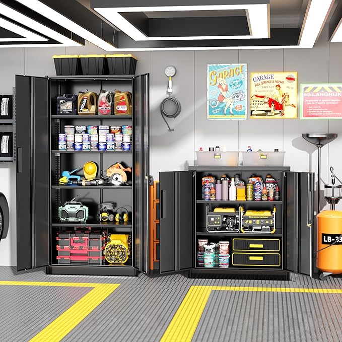 Greenvelly Metal Garage Storage Cabinet,36" Black Lockable Metal Cabinets with 2 Doors and Shelves,Storage Locking Counter Cabinet for Home Office,Garage,Kitchen,School-DeskLoop Office
