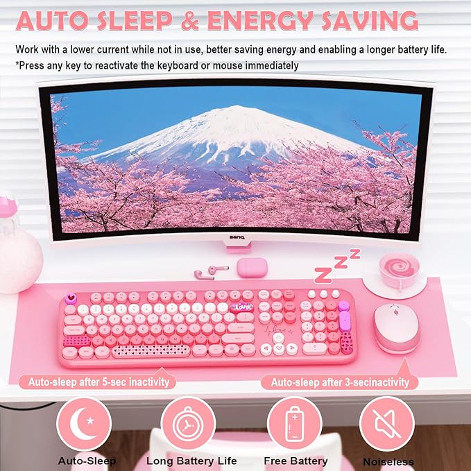 Wireless Keyboard and Mouse,MOFII 104 Round Keys Lovely Full-Size Cute Colorful Keyboard and Mouse with Retro Typewriter for PC/Mac/Laptop/Tablet/Computer/Windows Pink-DeskLoop Office