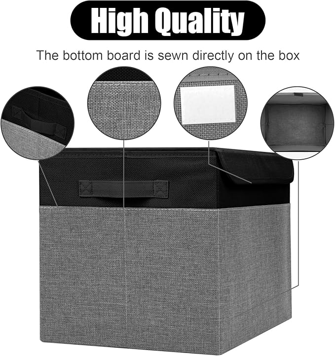 Large 17" 42 Quarts Collapsible Stackable Storage Bins with Lids [3-Pack] Foldable Fabric Linen Storage Boxes Cube, Closet Organizer Baskets with Label for Home (16.7 x 12 x 12", Black & Gray)-DeskLoop Office