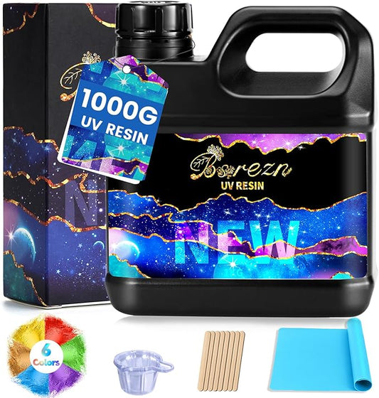 Bsrezn 1000g UV Cure Resin Kit with Mica Powders of 6 Colors, Premixed Resin for Jewelry Making and Craft Decoration(1 x 1000g)