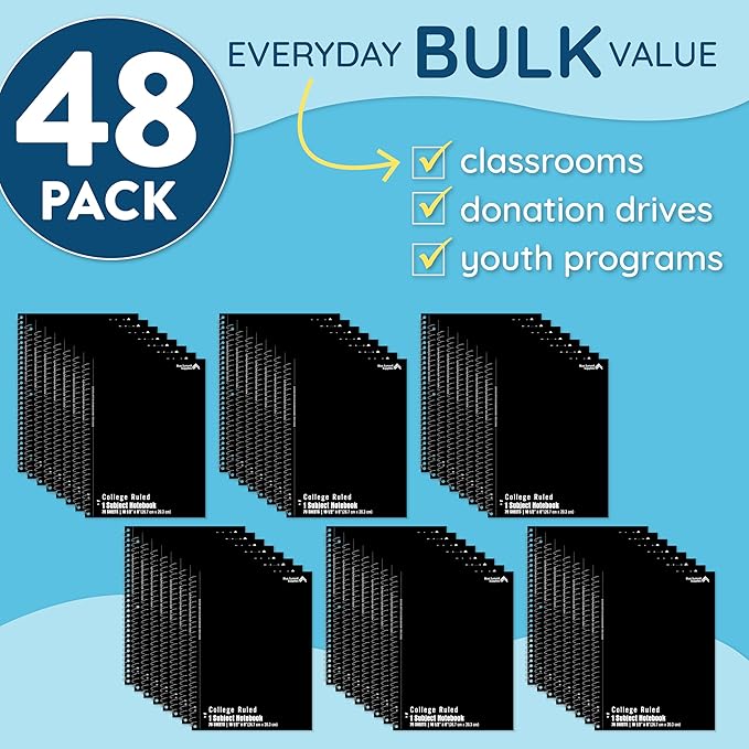Blue Summit Black Spiral Notebooks Bulk, One Subject Spiral Notebook College Ruled, Perforated Notebook, 8 x 10.5 for Work and School, Paper, College Ruled, Bulk 48 Pack-DeskLoop Office