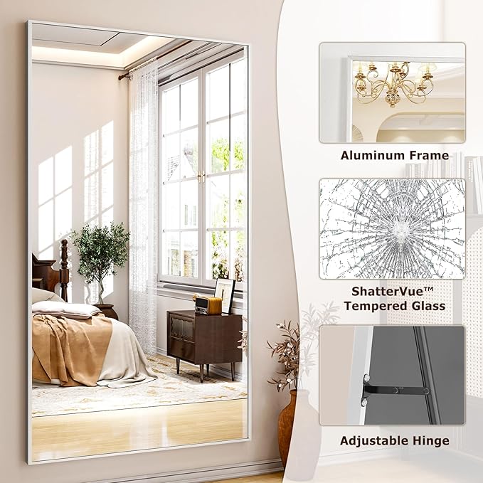 Full Length Mirror with Stand 38"x77" Full Body Mirror Floor Mirror Standing Hanging or Leaning Wall, Wall Mirror with Stand Aluminum Alloy Frame for Living Room Bedroom Cloakroom,Silver-DeskLoop Office