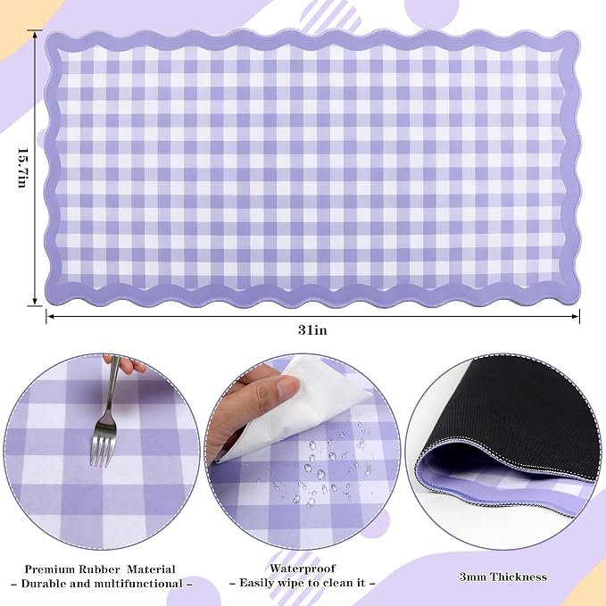yuboo Scalloped Purple White Gingham Desk Mat, Grid Checkered Desktop Pad - Image 4