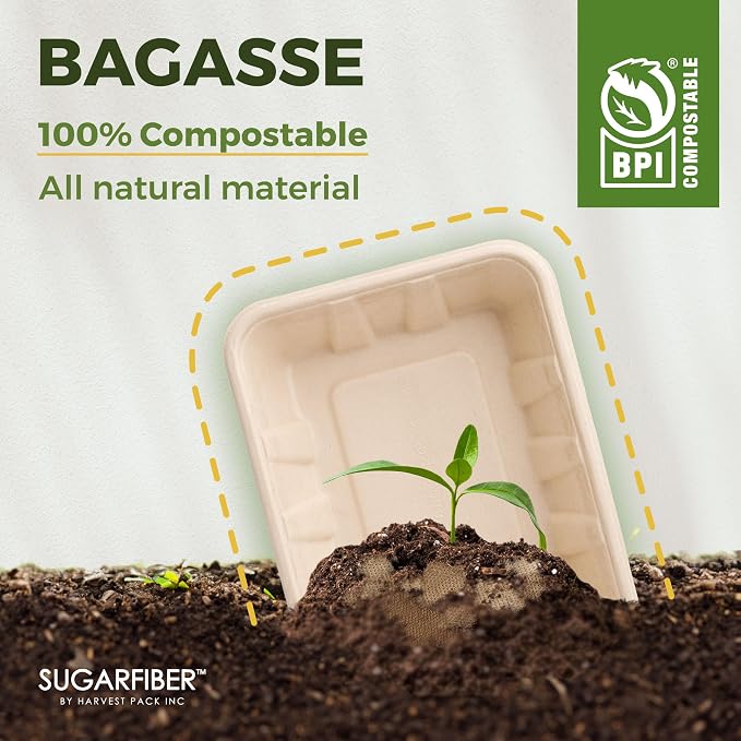 Harvest Pack 32 oz Compostable Food Trays, 8.49" x 6.45" x 1.86" Disposable - Image 7