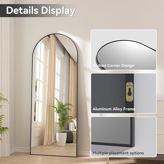 Hasipu Extra Large Arched Rectangular Full Length Wall Mirror, 81"L x 32"W, Black Aluminum Frame, Tempered Glass, Leaning/Wall Mount, Modern Style for Bedroom/Living Room-DeskLoop Office