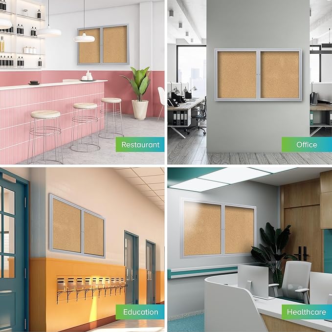 Ghent 36" x 48" 2-Door indoor Enclosed Bulletin Board, Shatter Resistant, with Lock, Satin Aluminum Frame - Natural Cork (PA234K) Made in the USA-DeskLoop Office