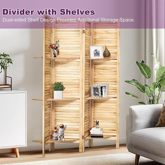 Room Divider with Shelves, 5.6FT Folding Room Divider Panel, 4 Panel Wood Partition Wall Divider for Room Separation, Natural Wood-DeskLoop Office