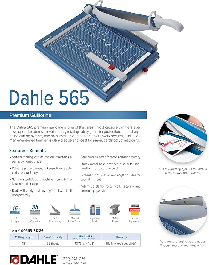 Dahle 565 Premium Guillotine Trimmer, 15" Cut Length, 35 Sheet Capacity, Self-Sharpening Blade, Automatic Clamp, w/Safety Guard-DeskLoop Office