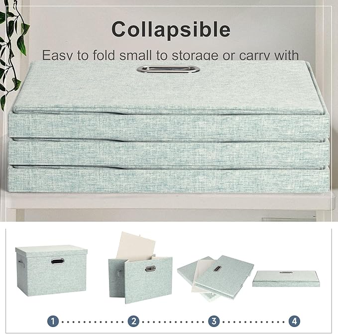 Large 17" 36 Quart Collapsible Stackable Storage Bins with Lids, 3 Packs Light Green Linen Fabric Closet Boxes with Lids, Storage Cube Baskets Container Organizers for Office (17x12x11)-DeskLoop Office