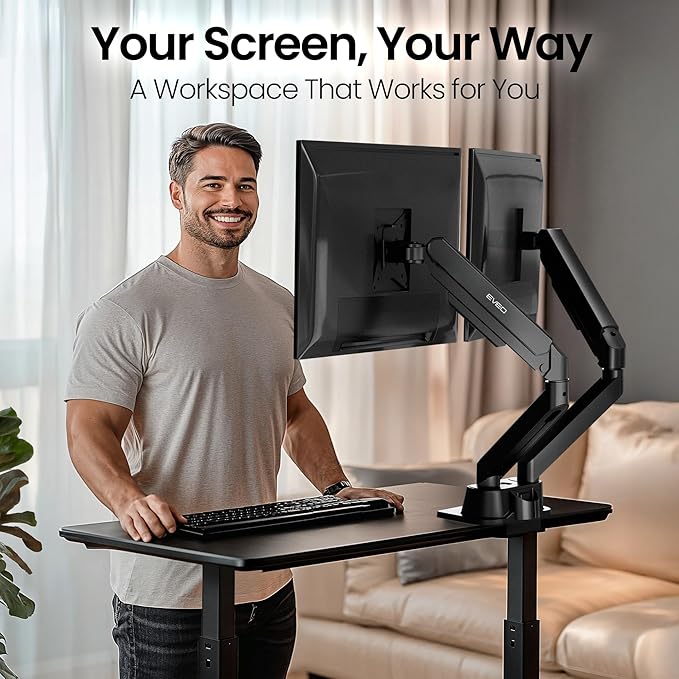 EVEO Premium Dual Monitor Mount 14"-32” Dual Monitor Arm VESA Bracket Adjustable Height Gas Spring Dual Monitor Stand, Screen Full Motion Dual Monitor Arm-Computer Monitor Stand for 2 Screens - Black-DeskLoop Office