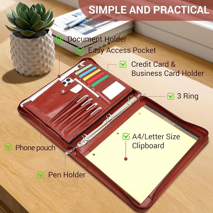 Faux Leather Portfolio with Handle – 3-Ring Padfolio Organizer - Image 6