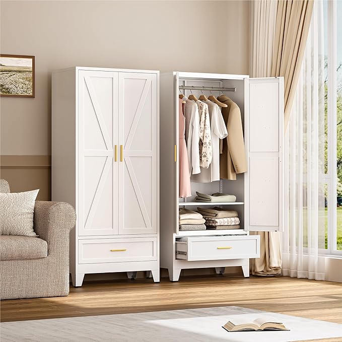 Farmhouse Wardrobe Cabinet with One Drawers,Metal Wardrobe Closet with Hanging Rod,Metal Armoire with Adjustable Shelves for Bedroom,Living Room, Cloak Room,Office (White)-DeskLoop Office