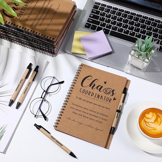 Nezyo 10 Sets Chaos Coordinator Gifts Employee Appreciation Week Notebook with Ballpoint Pen Spiral Notebook Teacher Appreciation Gifts Bulk for Women Men Journals Thank You Cowerker (Brown)-DeskLoop Office