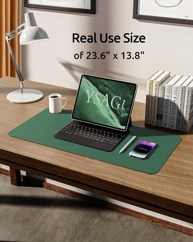 YSAGi Leather Desk Pad Protector, Office Desk Mat, Large Mouse Pad, Non-Slip PU Leather Desk Blotter, Laptop Desk Pad, Waterproof Desk Writing Pad for Office and Home (Jade Green, 23.6" x 13.8")-DeskLoop Office
