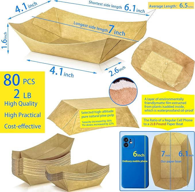 80 Pack 2Lb Paper Food Boat Trays Disposable Paper Boat Containers, Kraft Food - Image 2