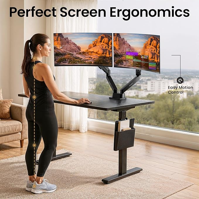 EVEO Premium Dual Monitor Mount 14"-32” Dual Monitor Arm VESA Bracket Adjustable Height Gas Spring Dual Monitor Stand, Screen Full Motion Dual Monitor Arm-Computer Monitor Stand for 2 Screens - Black-DeskLoop Office