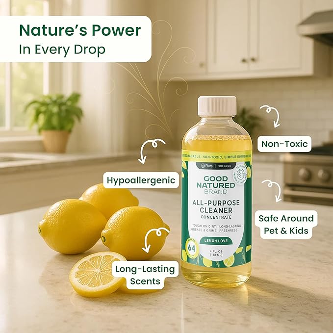 Good Natured Brand All-Purpose Cleaner Concentrate + 16 oz Bottle | Multi-Surface Cleaner | Natural Lemon Essential Oil | Multipurpose Cleaner All Surfaces | Lemon Love | 4oz makes 64oz-DeskLoop Office